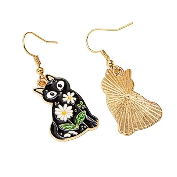 Enamel Black Cat Earrings Gold Tone - Picture 1 of 1